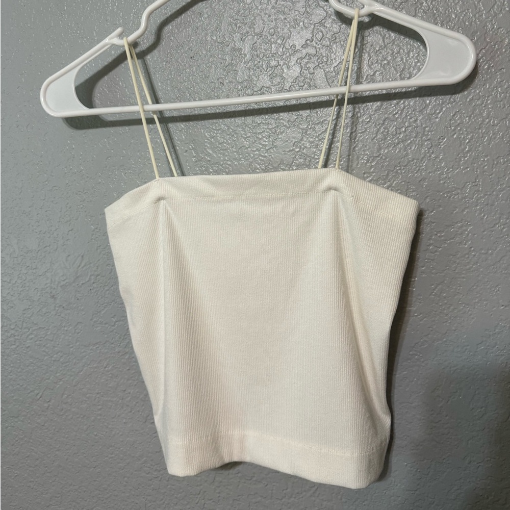 American Eagle Ribbed White Crop Top Tank Top Medium